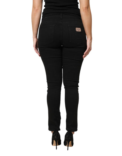 Dolce & Gabbana Black Cotton Logo Mid Waist Skinny Denim Jeans by Dolce & Gabbana