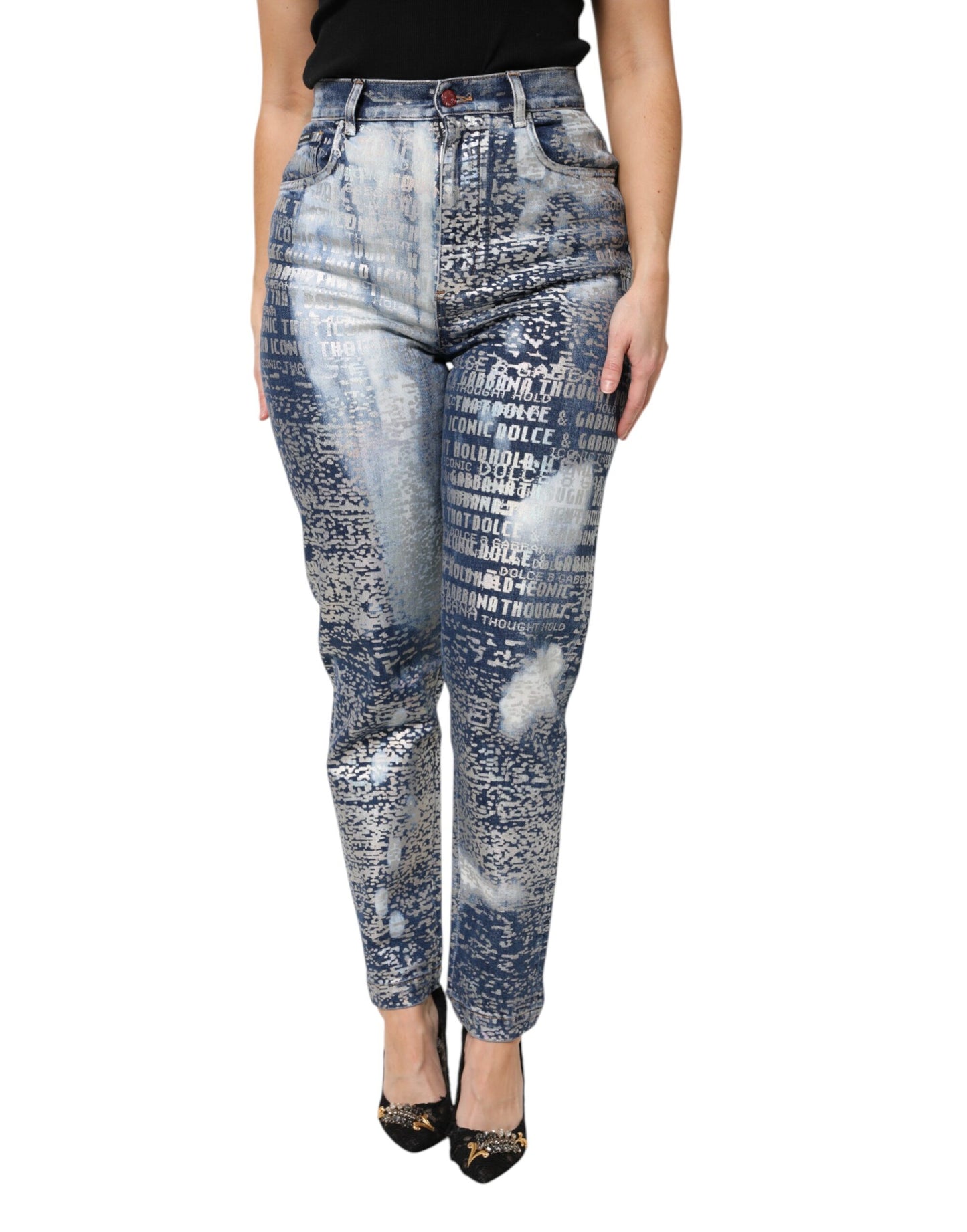 Dolce & Gabbana Blue Washed Print High Waist Denim Jeans by Dolce & Gabbana