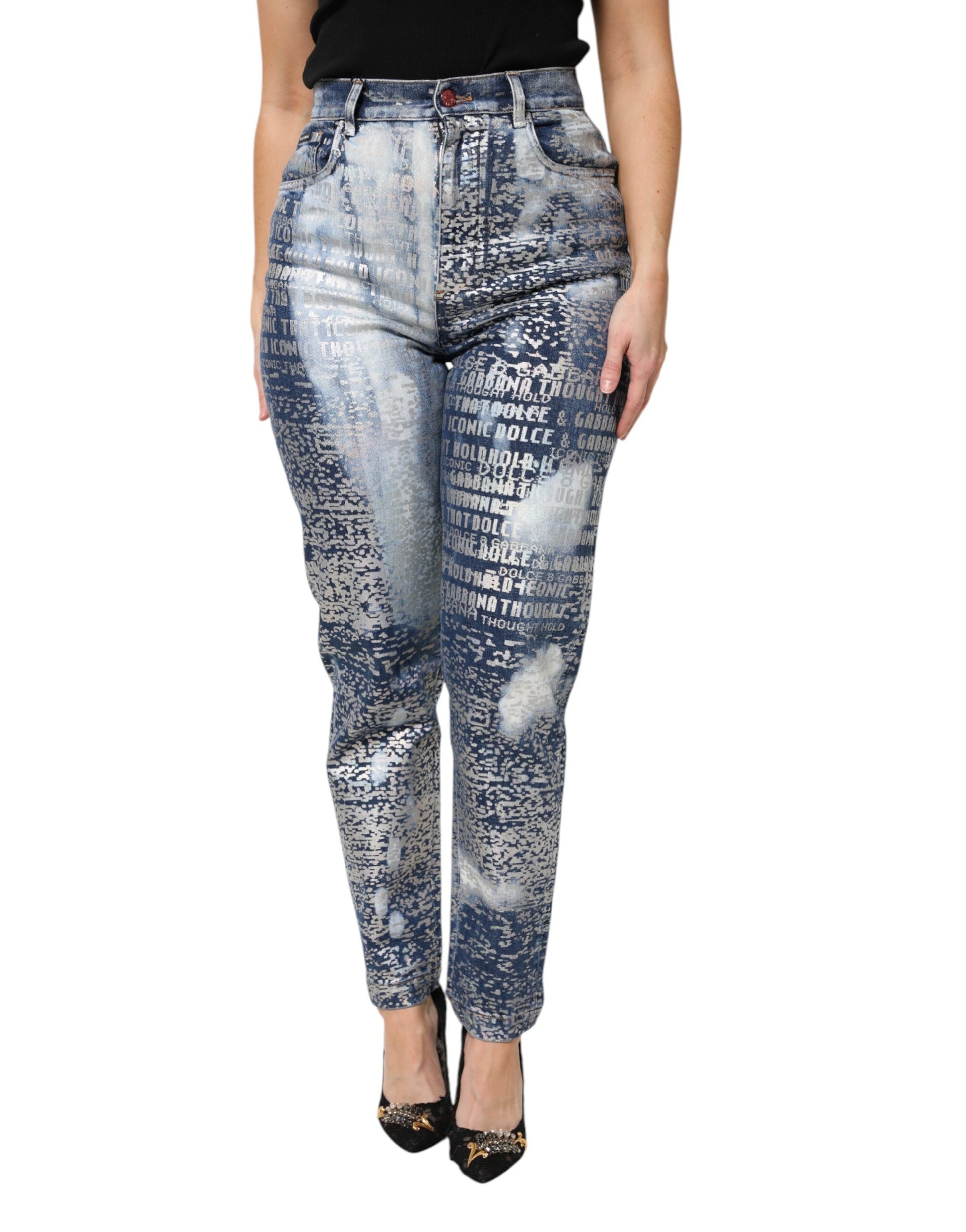Dolce & Gabbana Blue Washed Print High Waist Denim Jeans by Dolce & Gabbana