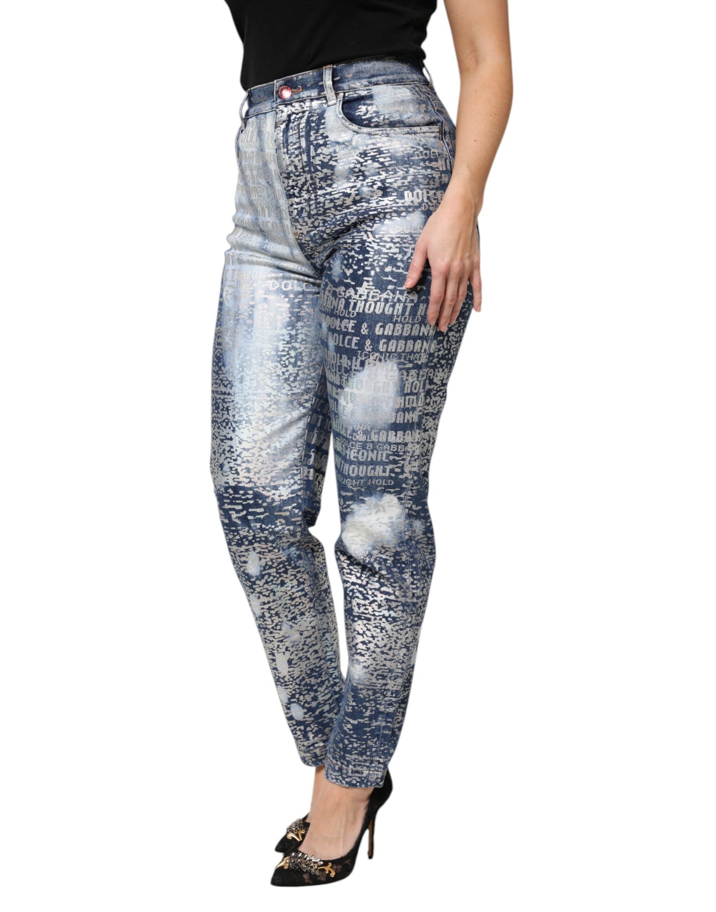 Dolce & Gabbana Blue Washed Print High Waist Denim Jeans by Dolce & Gabbana