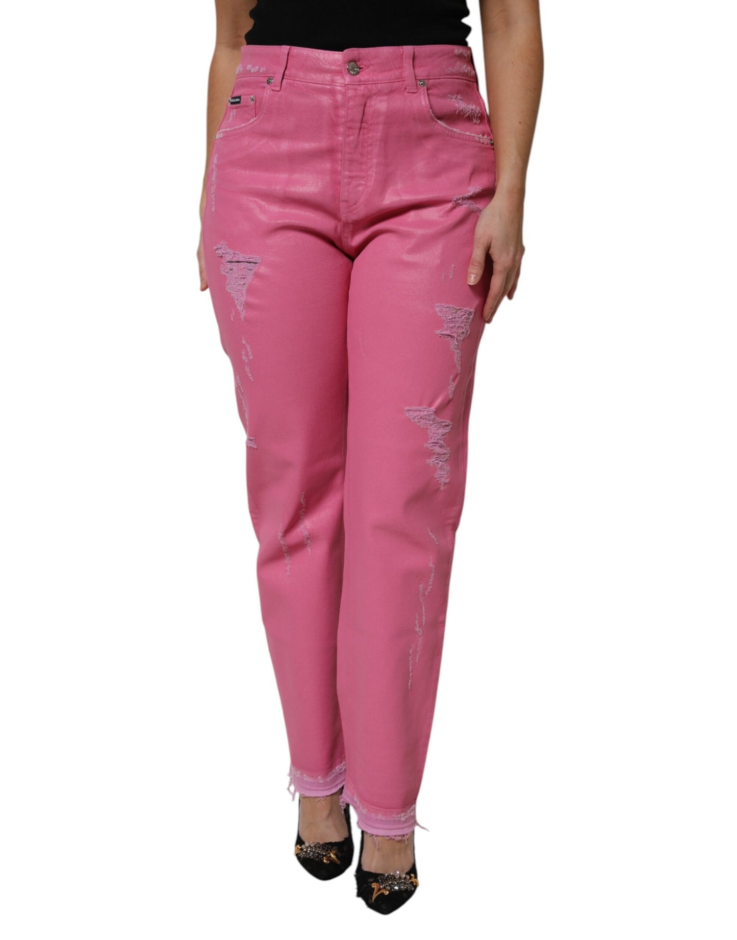 Dolce & Gabbana Pink Tattered Mid Waist Tapered Denim Jeans by Dolce & Gabbana