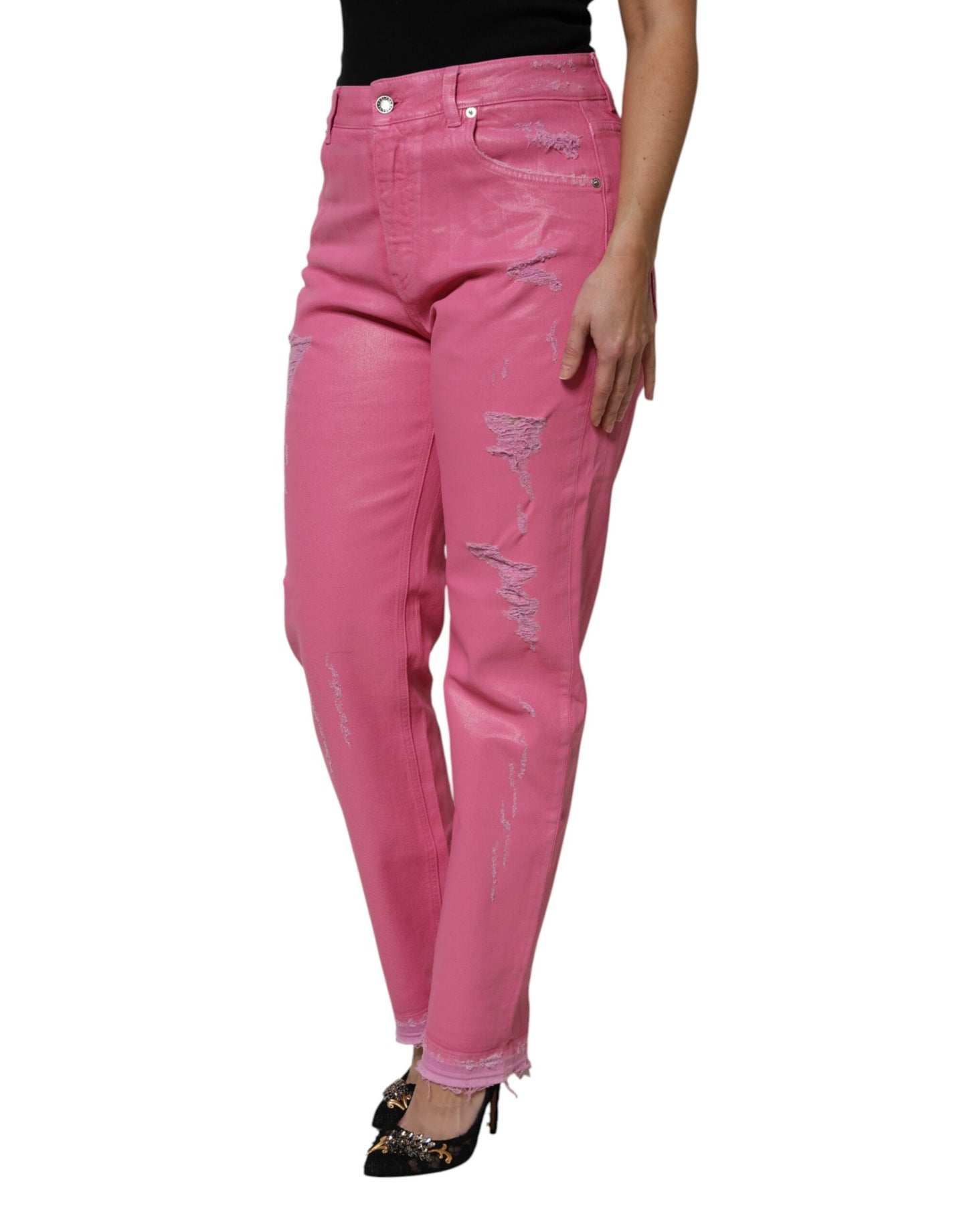 Dolce & Gabbana Pink Tattered Mid Waist Tapered Denim Jeans by Dolce & Gabbana