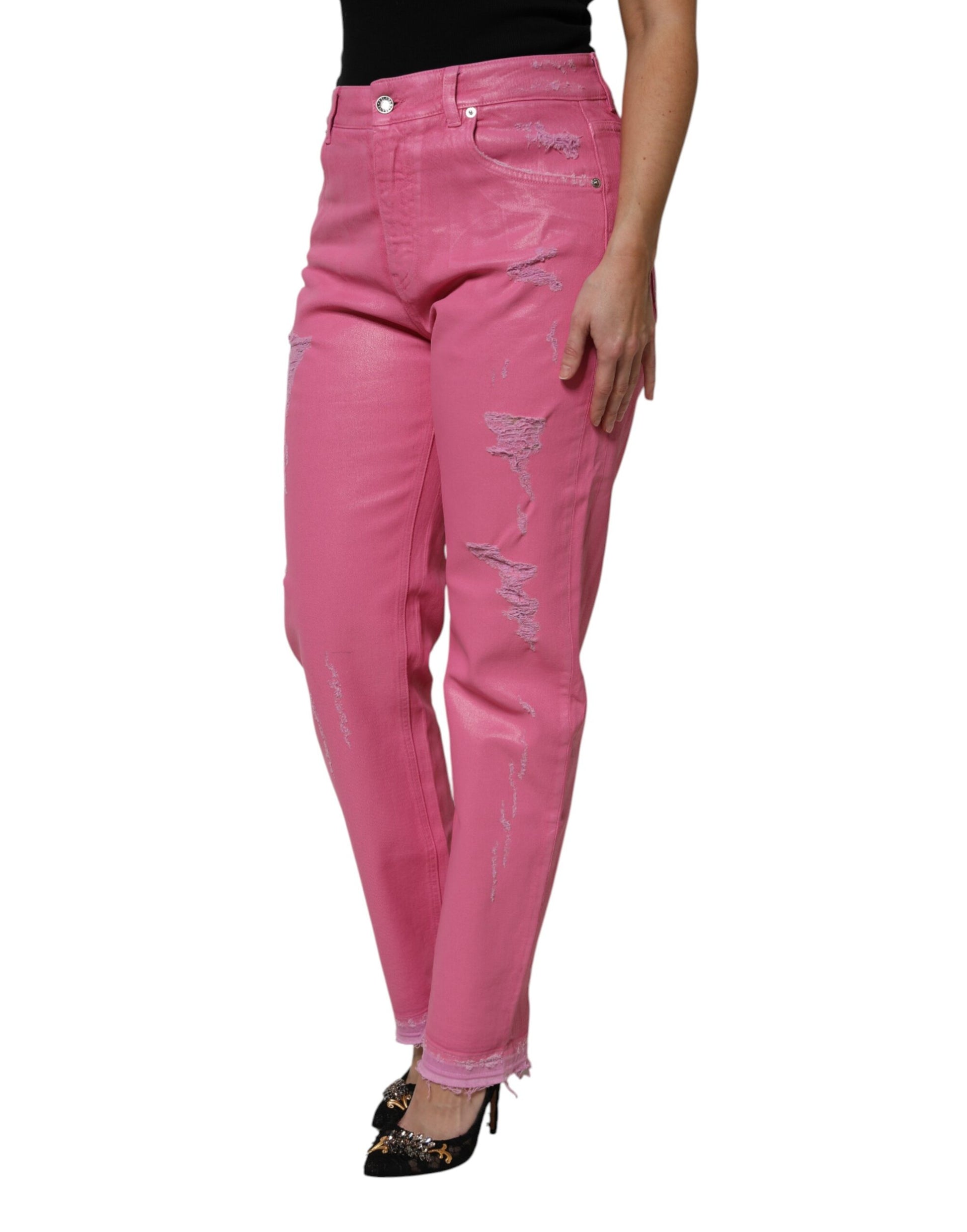 Dolce & Gabbana Pink Tattered Mid Waist Tapered Denim Jeans by Dolce & Gabbana