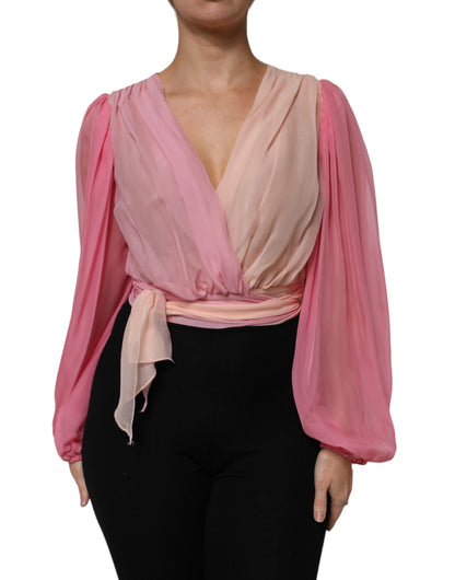 Dolce & Gabbana Pink Plunging V-neck Long Sleeves Blouse Top by Dolce & Gabbana