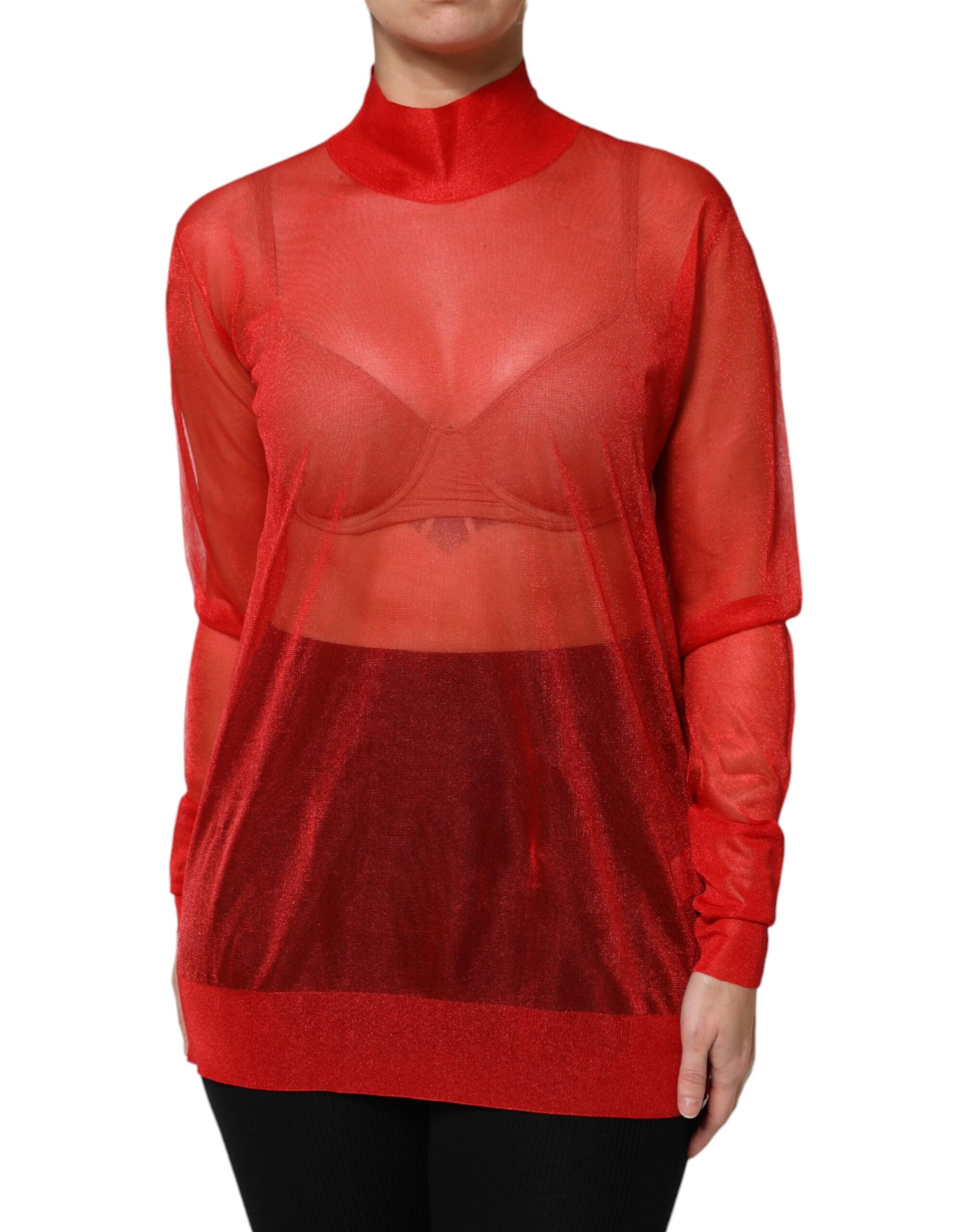 Dolce & Gabbana Red Tulle Turtleneck Long Sleeve Blouse Top by Dolce & Gabbana