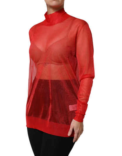 Dolce & Gabbana Red Tulle Turtleneck Long Sleeve Blouse Top by Dolce & Gabbana