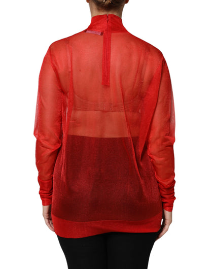 Dolce & Gabbana Red Tulle Turtleneck Long Sleeve Blouse Top by Dolce & Gabbana