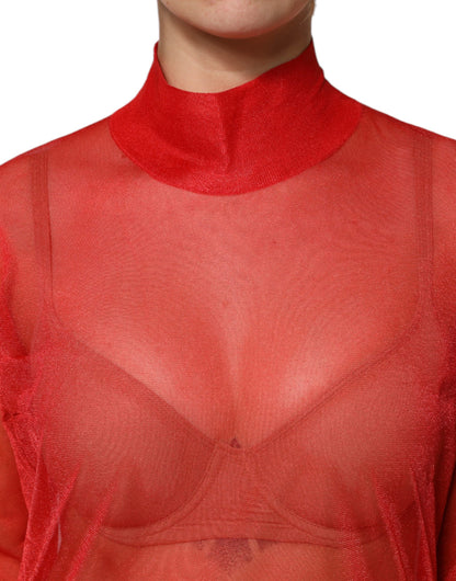 Dolce & Gabbana Red Tulle Turtleneck Long Sleeve Blouse Top by Dolce & Gabbana