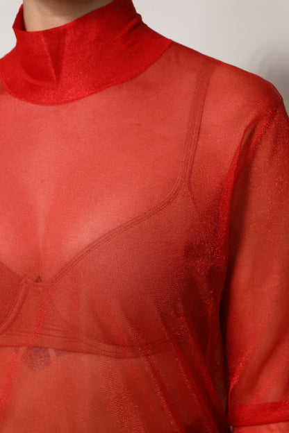 Dolce & Gabbana Red Tulle Turtleneck Long Sleeve Blouse Top by Dolce & Gabbana