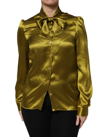 Dolce & Gabbana Green Ascot Collar Long Sleeves Blouse Top by Dolce & Gabbana