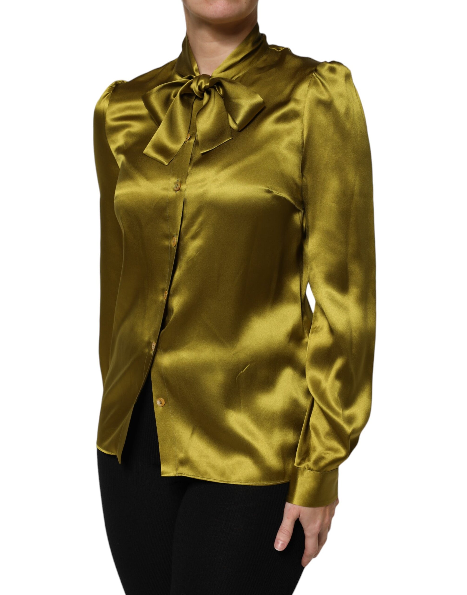 Dolce & Gabbana Green Ascot Collar Long Sleeves Blouse Top by Dolce & Gabbana