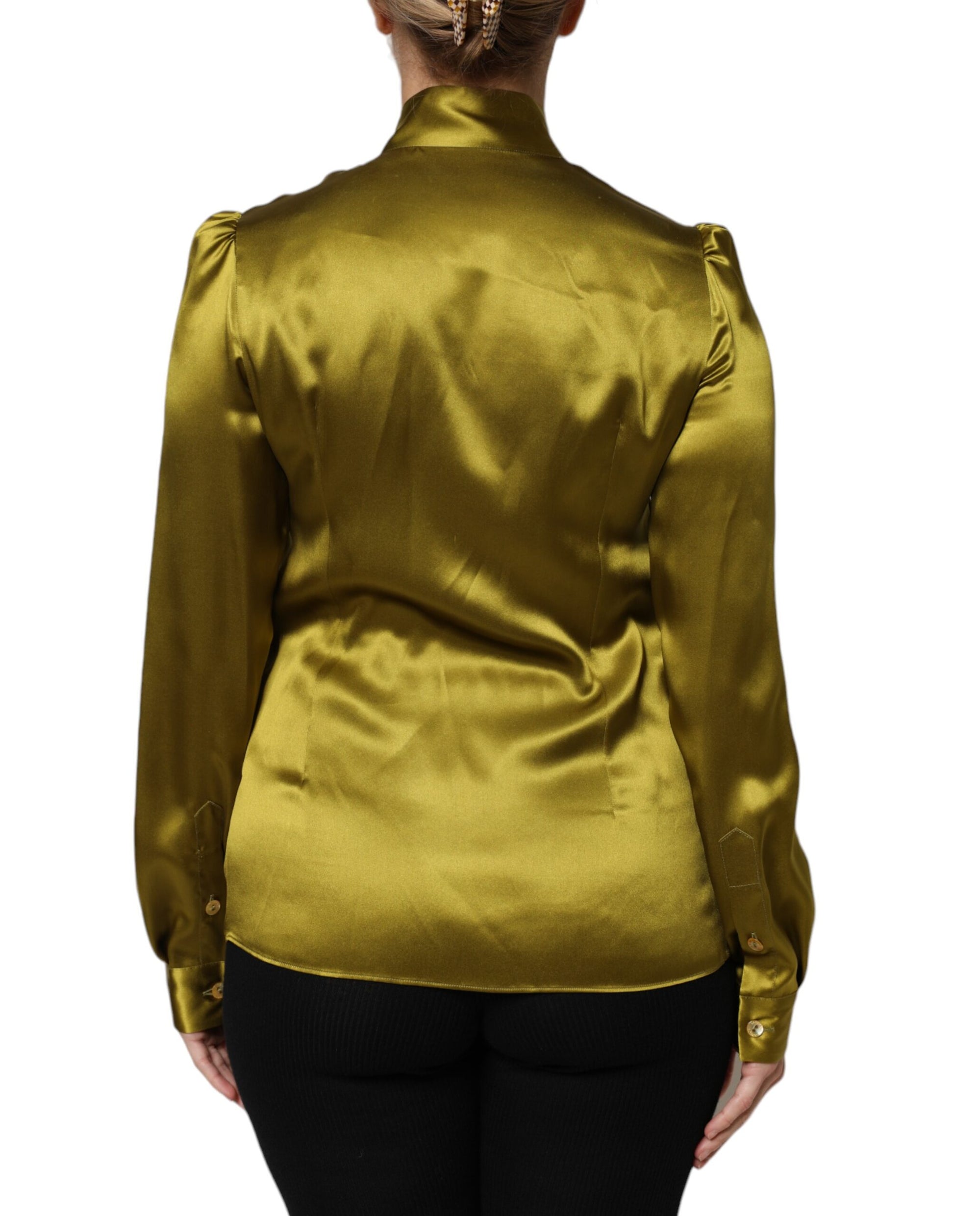 Dolce & Gabbana Green Ascot Collar Long Sleeves Blouse Top by Dolce & Gabbana