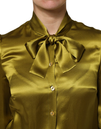 Dolce & Gabbana Green Ascot Collar Long Sleeves Blouse Top by Dolce & Gabbana