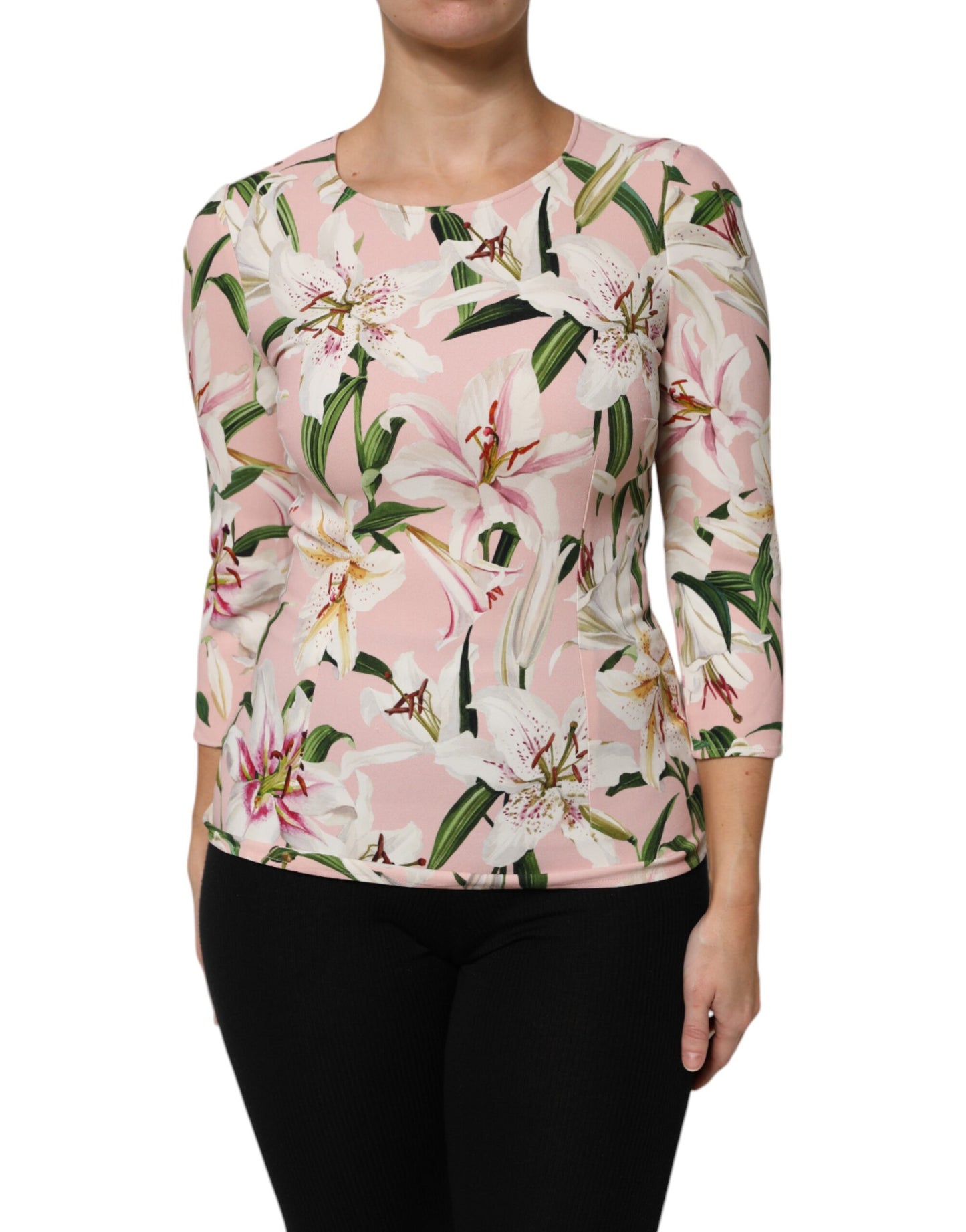 Dolce & Gabbana Pink Lily Print Viscose Round Neck Blouse Top by Dolce & Gabbana