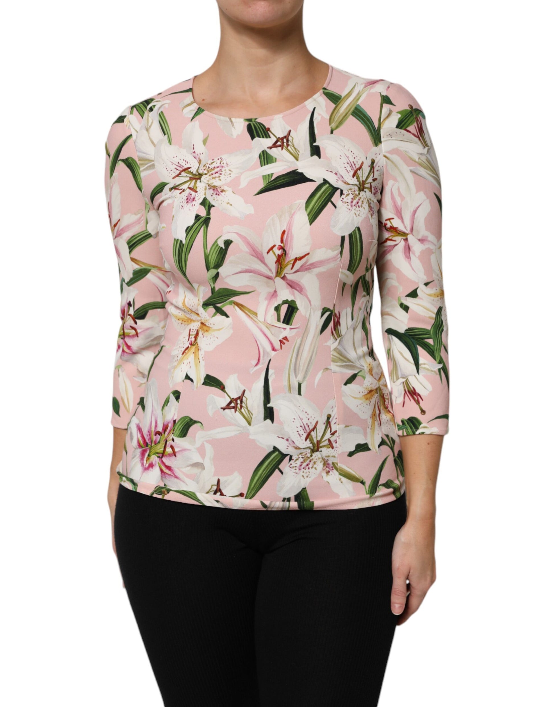 Dolce & Gabbana Pink Lily Print Viscose Round Neck Blouse Top by Dolce & Gabbana