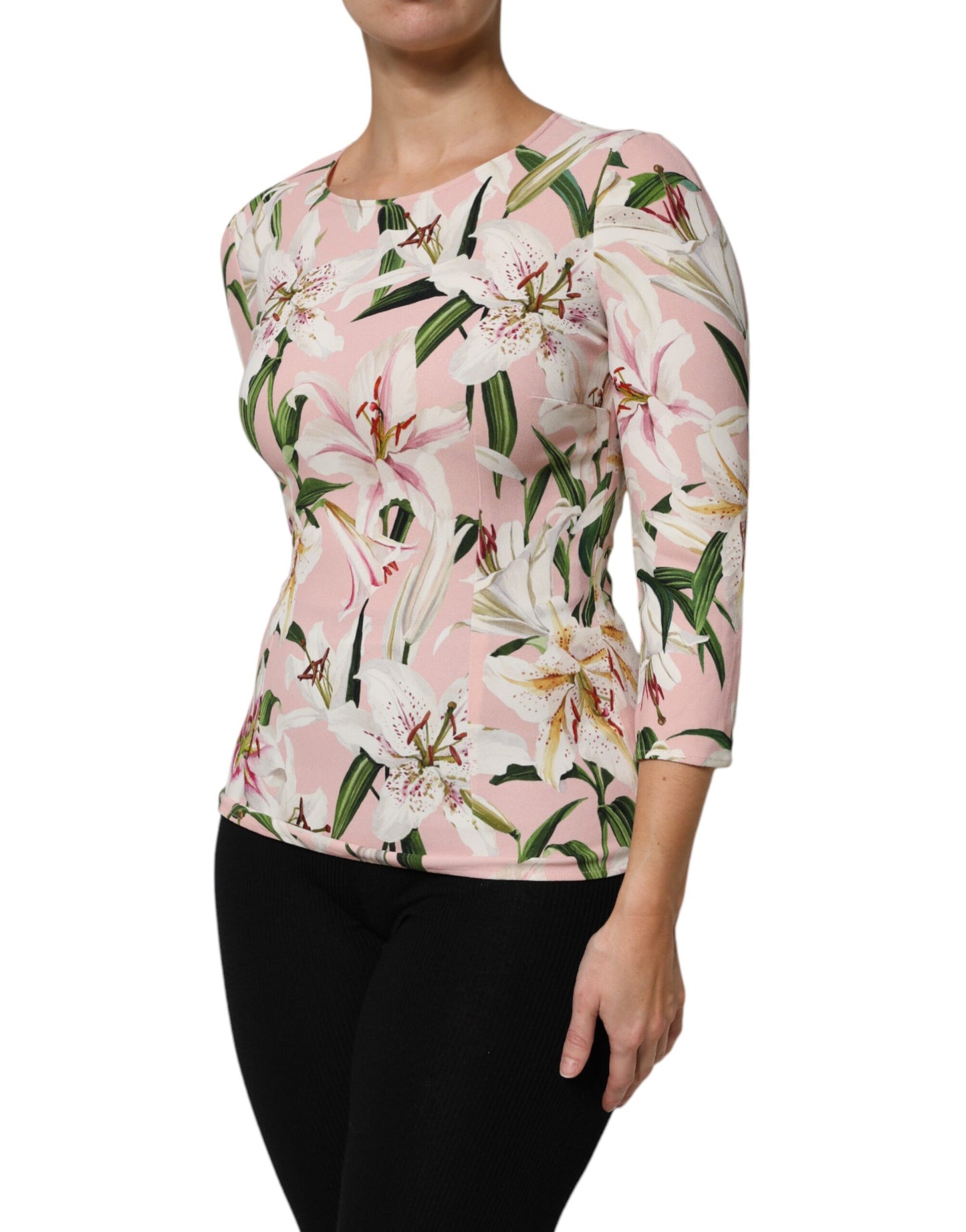 Dolce & Gabbana Pink Lily Print Viscose Round Neck Blouse Top by Dolce & Gabbana