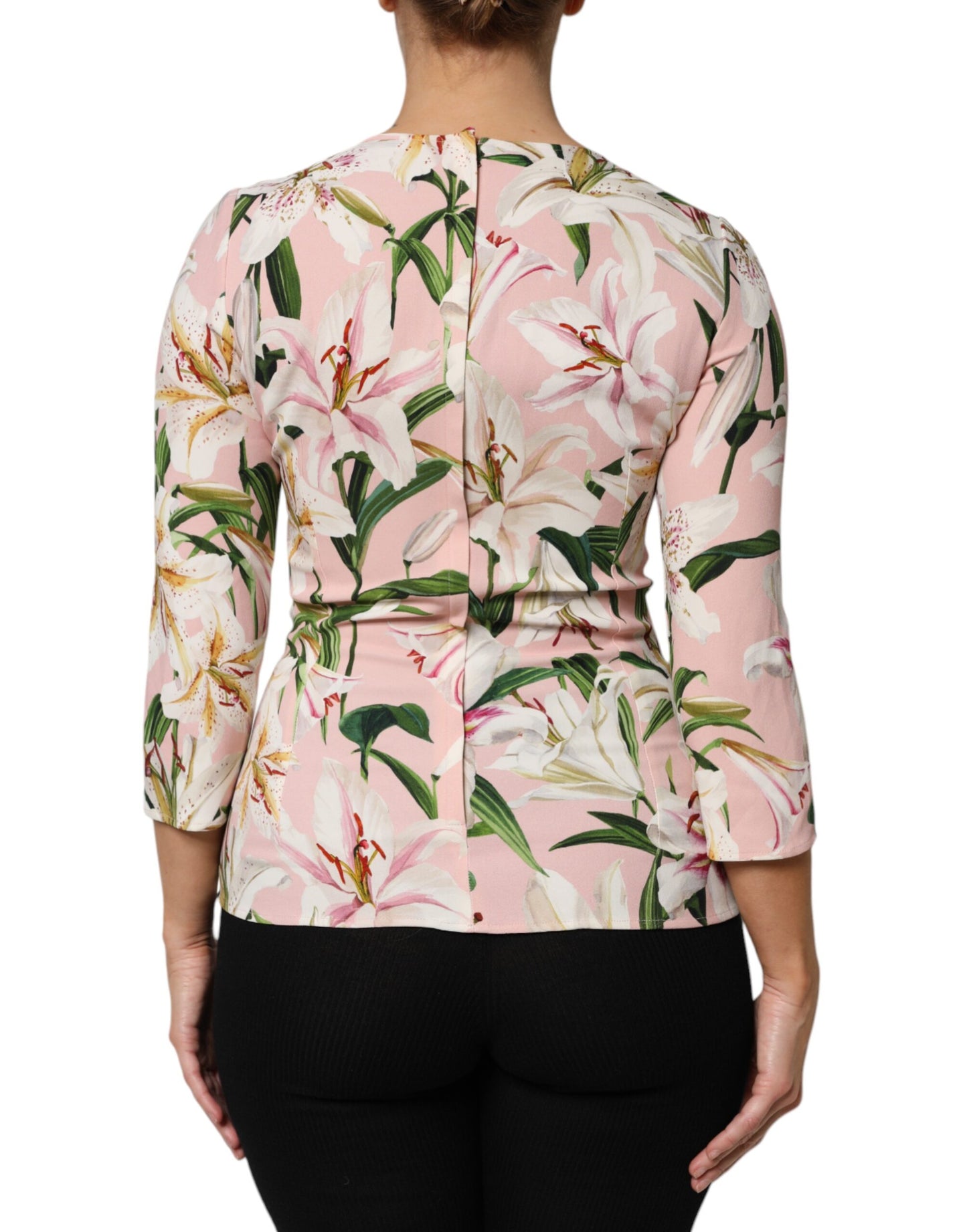 Dolce & Gabbana Pink Lily Print Viscose Round Neck Blouse Top by Dolce & Gabbana