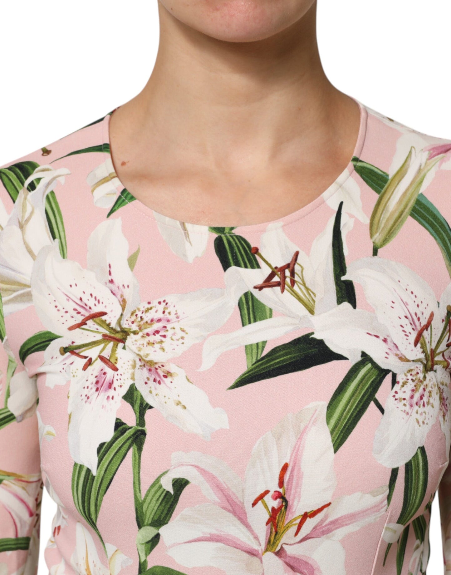Dolce & Gabbana Pink Lily Print Viscose Round Neck Blouse Top by Dolce & Gabbana