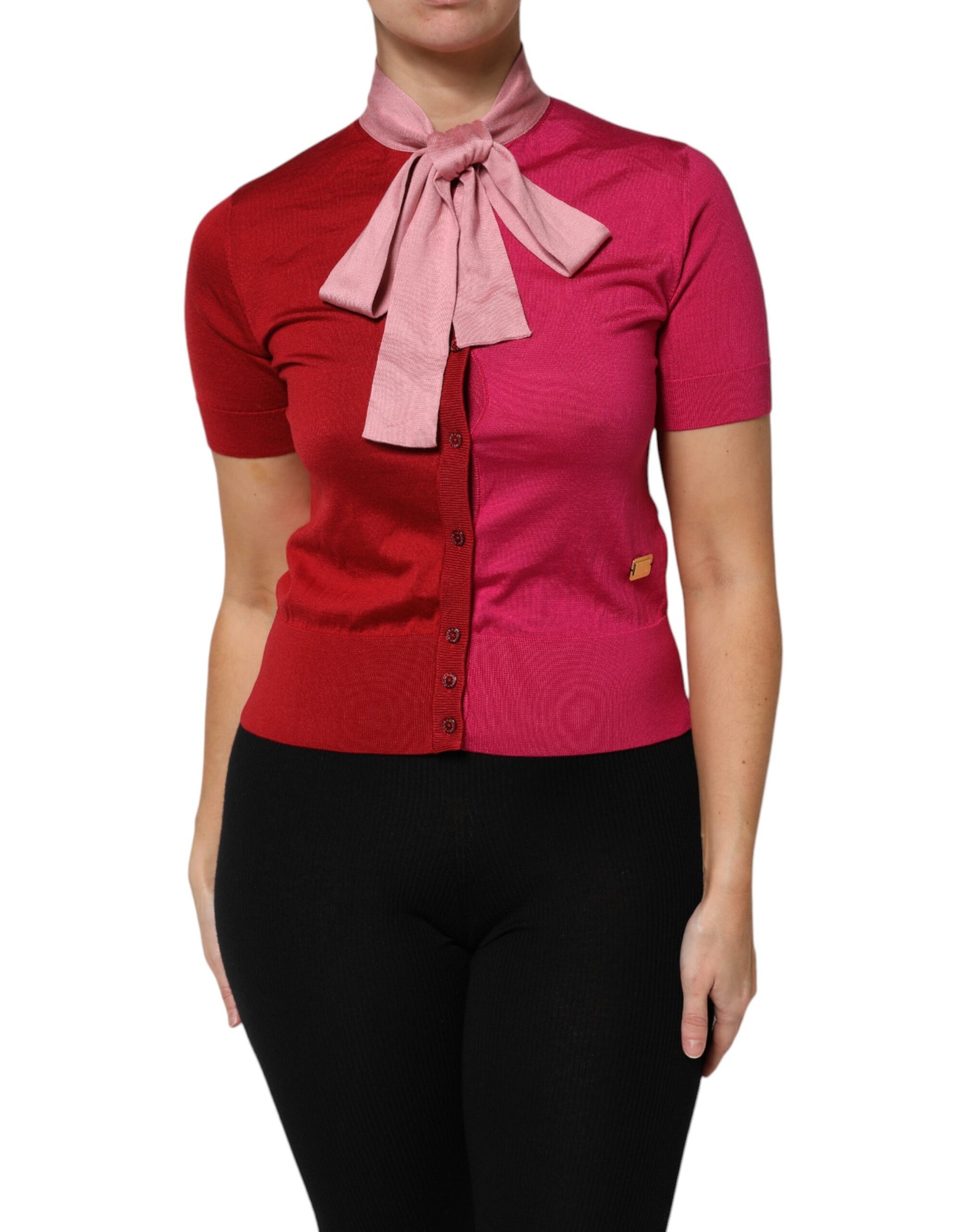 Dolce & Gabbana Pink Short Sleeves Buttoned Ascot Collar Top by Dolce & Gabbana