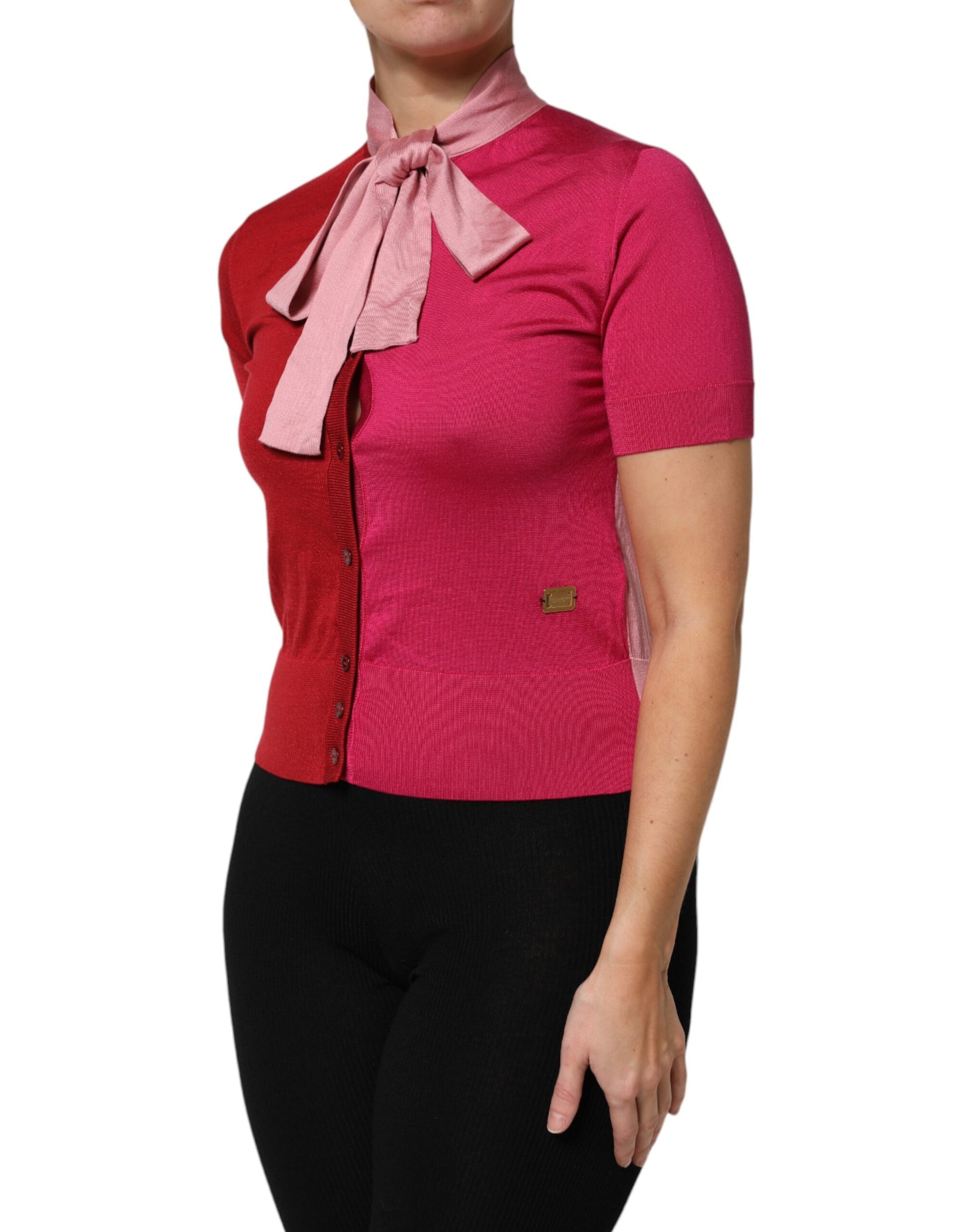 Dolce & Gabbana Pink Short Sleeves Buttoned Ascot Collar Top by Dolce & Gabbana