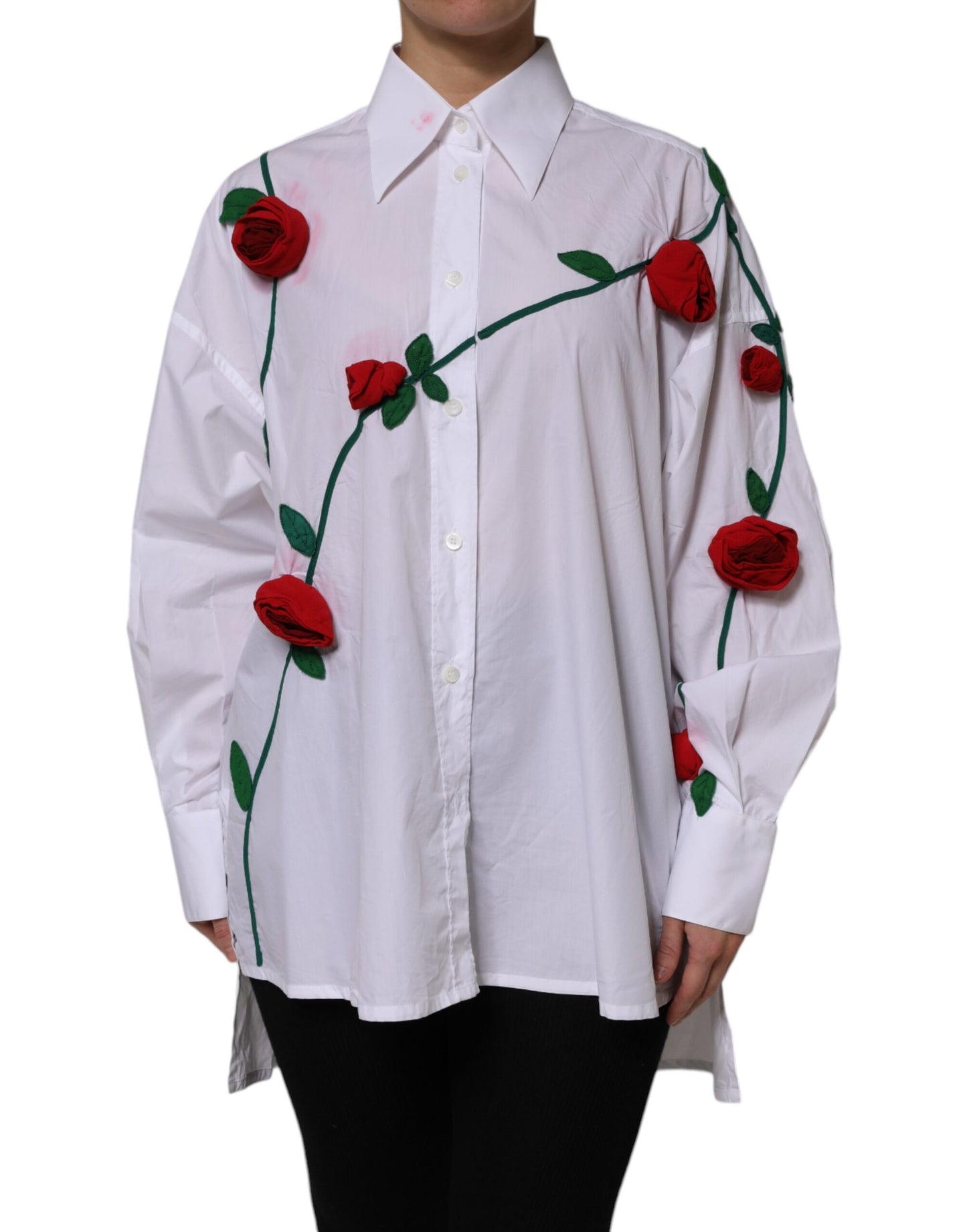 Dolce & Gabbana White Cotton Floral Appliques Dress Shirt Top by Dolce & Gabbana