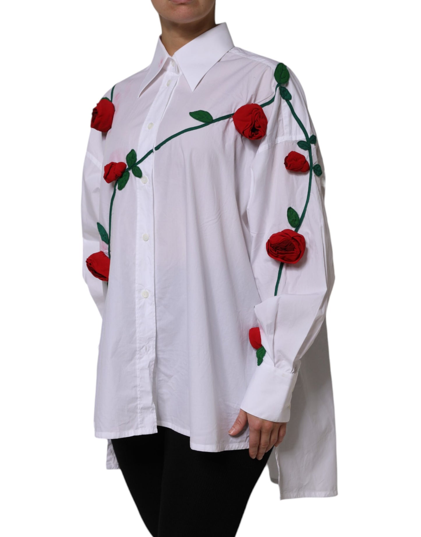 Dolce & Gabbana White Cotton Floral Appliques Dress Shirt Top by Dolce & Gabbana