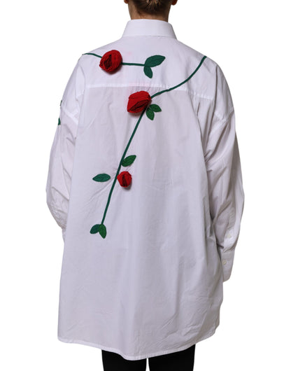 Dolce & Gabbana White Cotton Floral Appliques Dress Shirt Top by Dolce & Gabbana