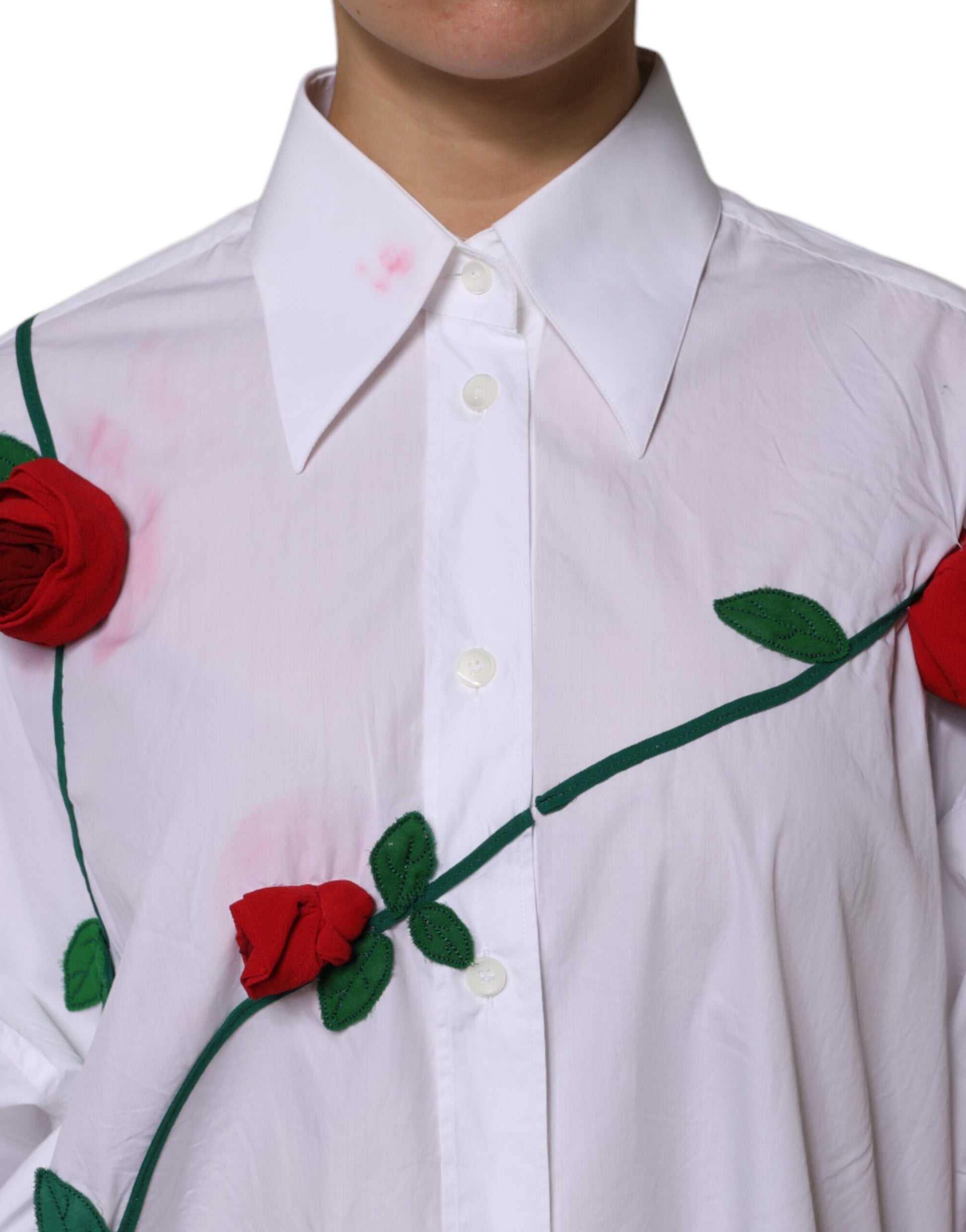 Dolce & Gabbana White Cotton Floral Appliques Dress Shirt Top by Dolce & Gabbana