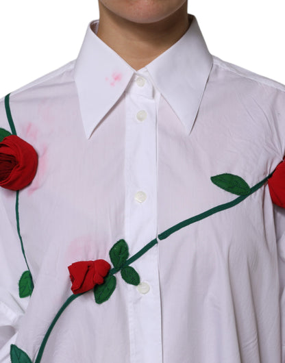 Dolce & Gabbana White Cotton Floral Appliques Dress Shirt Top by Dolce & Gabbana