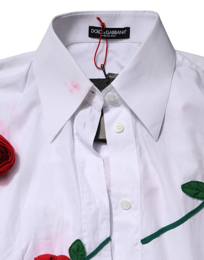Dolce & Gabbana White Cotton Floral Appliques Dress Shirt Top by Dolce & Gabbana