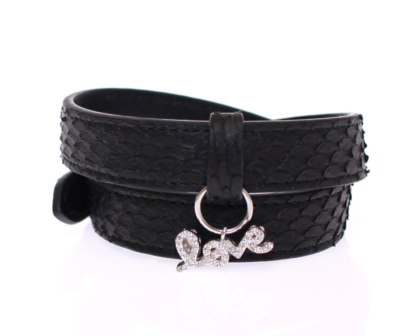 Bracelet Nialaya exquis en argent et peau de serpent noir