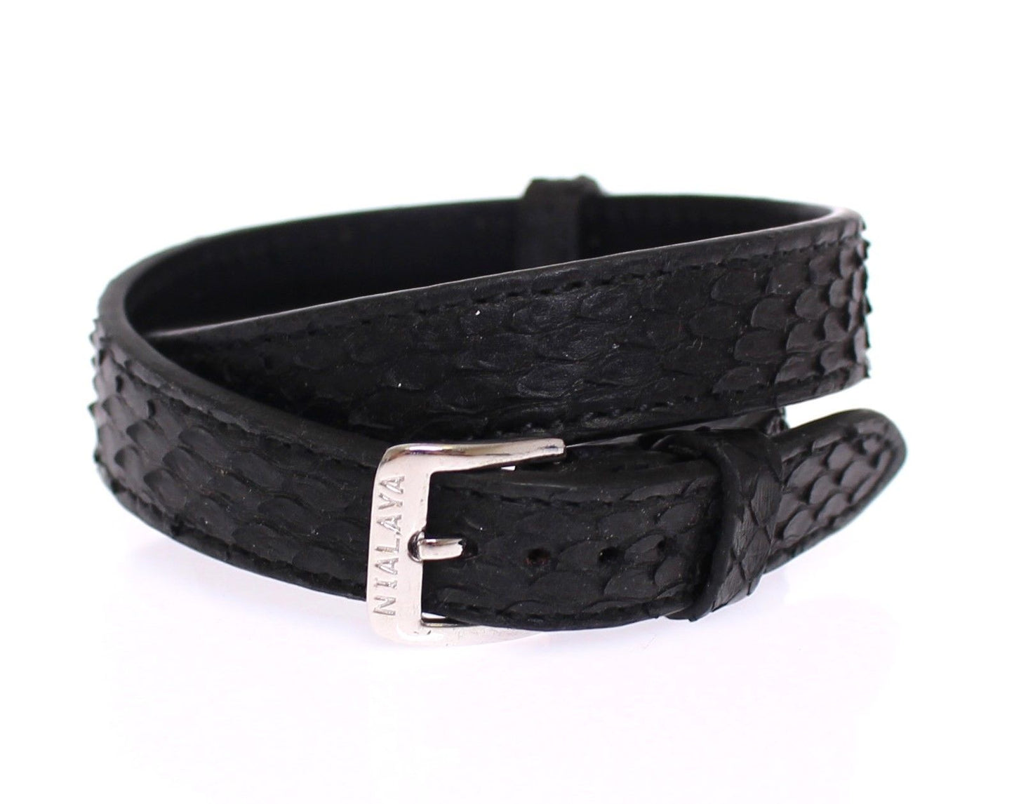 Bracelet Nialaya exquis en argent et peau de serpent noir