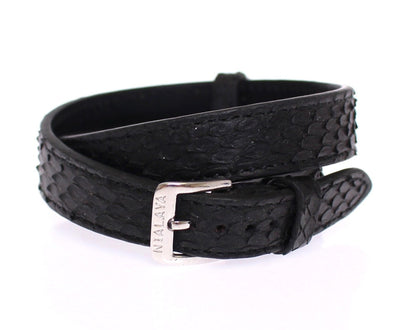 Bracelet Nialaya exquis en argent et peau de serpent noir