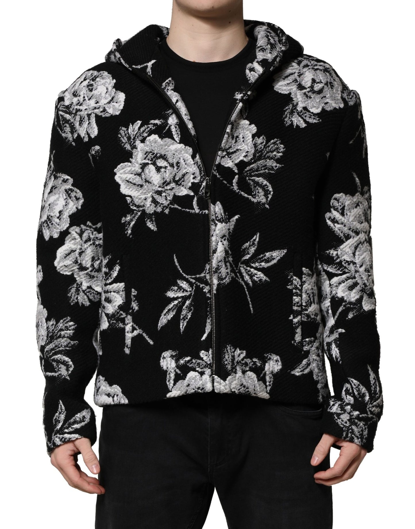 Dolce &amp; Gabbana Black Wool Floral Printed Men Hooded Jacket