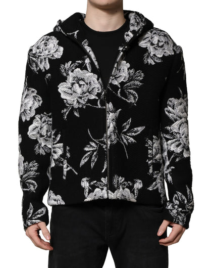 Dolce &amp; Gabbana Black Wool Floral Printed Men Hooded Jacket