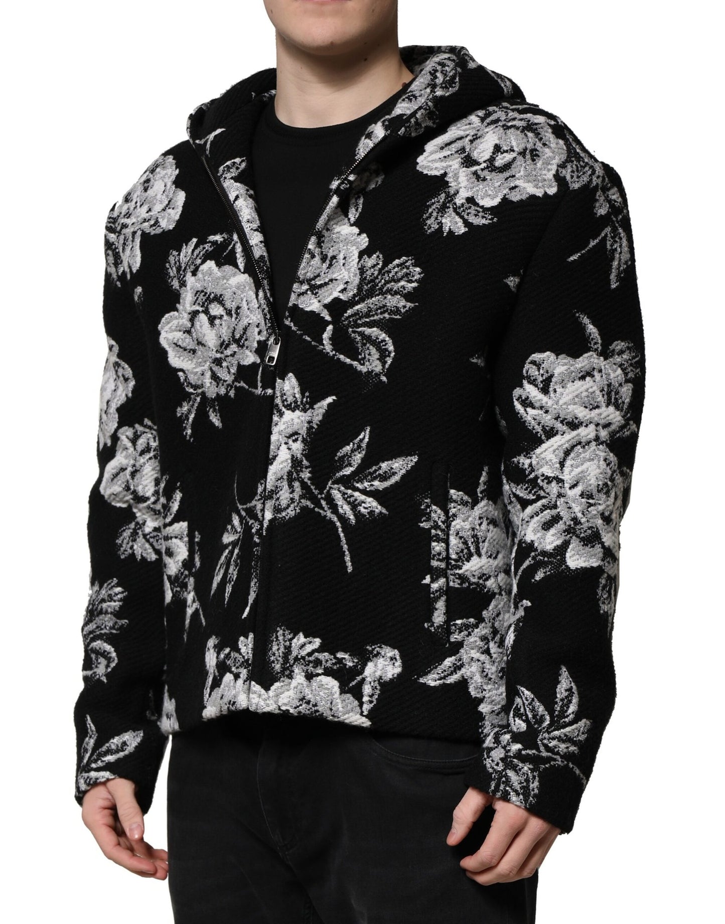 Dolce &amp; Gabbana Black Wool Floral Printed Men Hooded Jacket