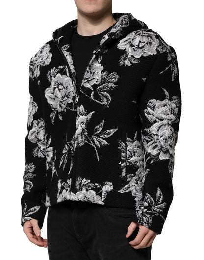 Dolce &amp; Gabbana Black Wool Floral Printed Men Hooded Jacket