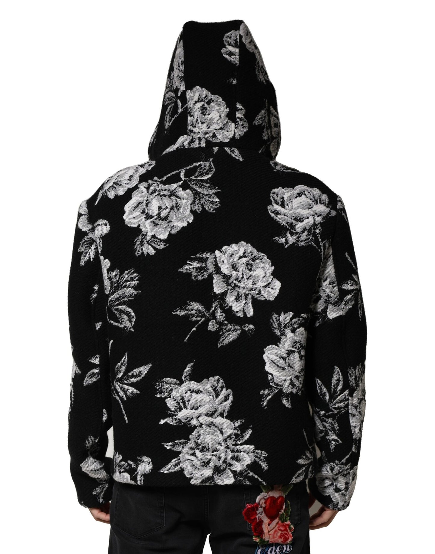 Dolce &amp; Gabbana Black Wool Floral Printed Men Hooded Jacket