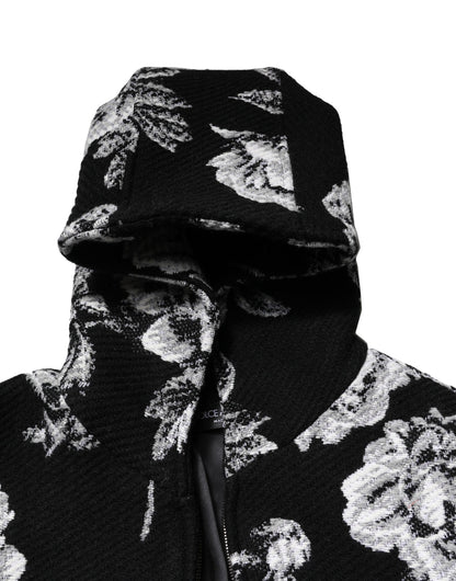 Dolce &amp; Gabbana Black Wool Floral Printed Men Hooded Jacket