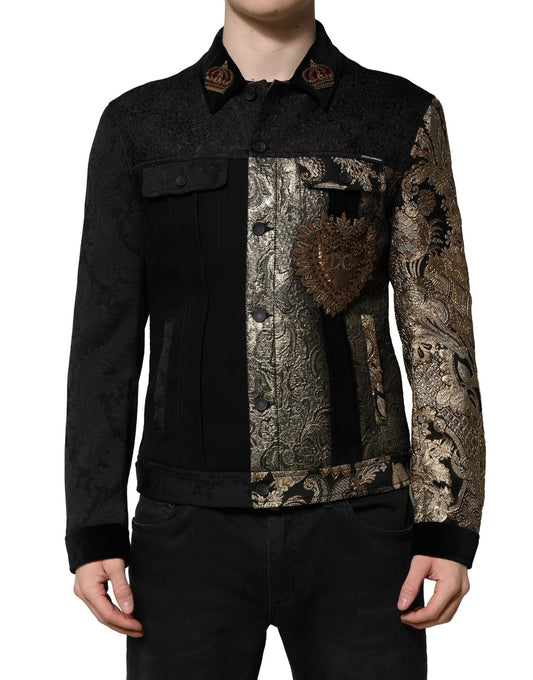 Dolce &amp; Gabbana Black Gold Floral Jacquard Men Biker Jacket