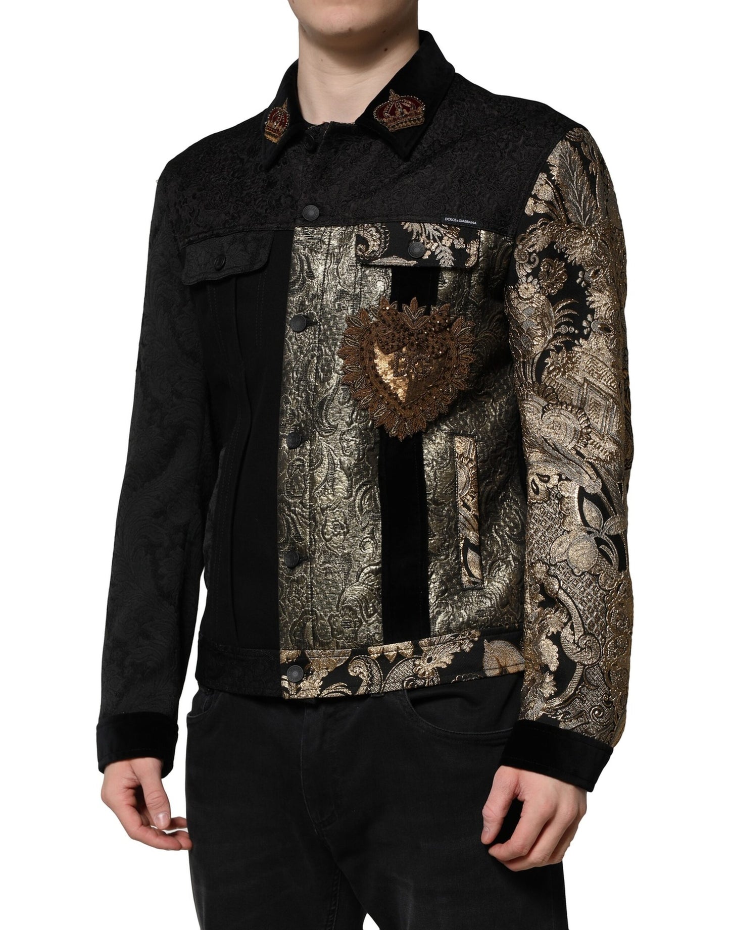 Dolce &amp; Gabbana Black Gold Floral Jacquard Men Biker Jacket