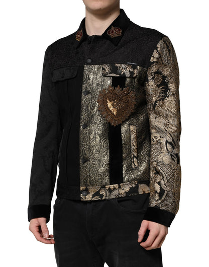 Dolce &amp; Gabbana Black Gold Floral Jacquard Men Biker Jacket