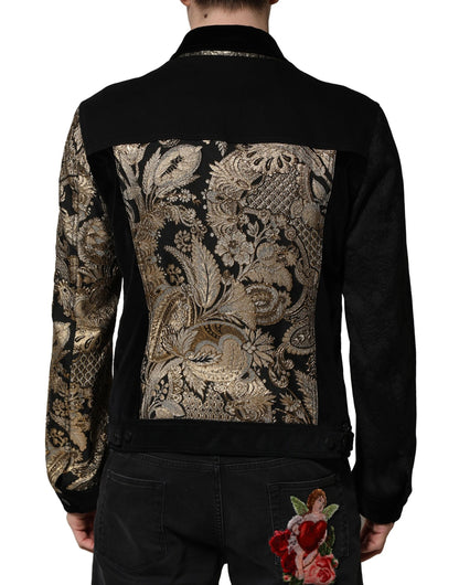 Dolce &amp; Gabbana Black Gold Floral Jacquard Men Biker Jacket