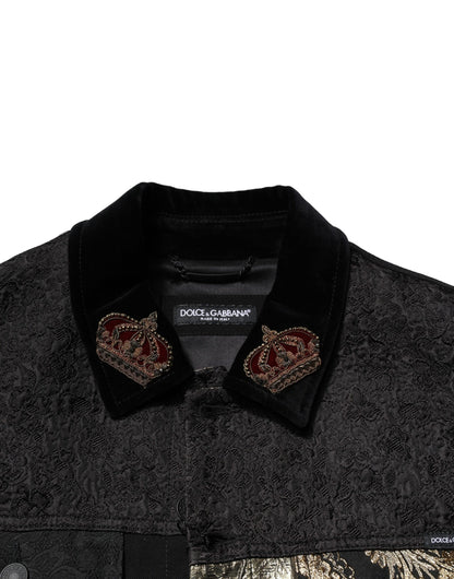 Dolce &amp; Gabbana Black Gold Floral Jacquard Men Biker Jacket