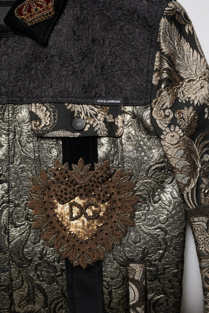 Dolce &amp; Gabbana Black Gold Floral Jacquard Men Biker Jacket