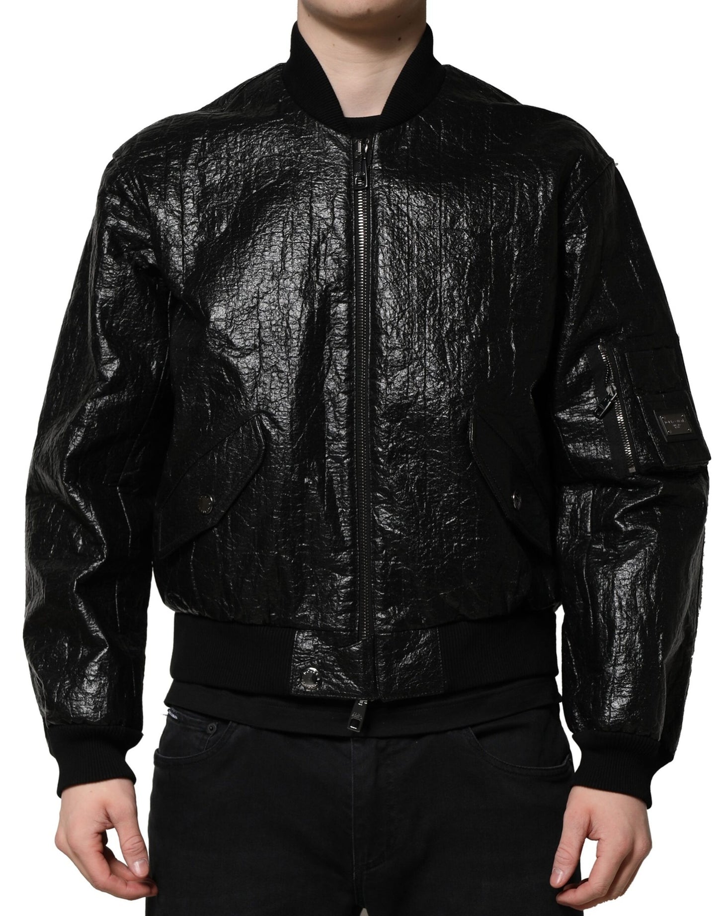 Dolce &amp; Gabbana Black Logo Plaque Bomber Full Zipper Jacket