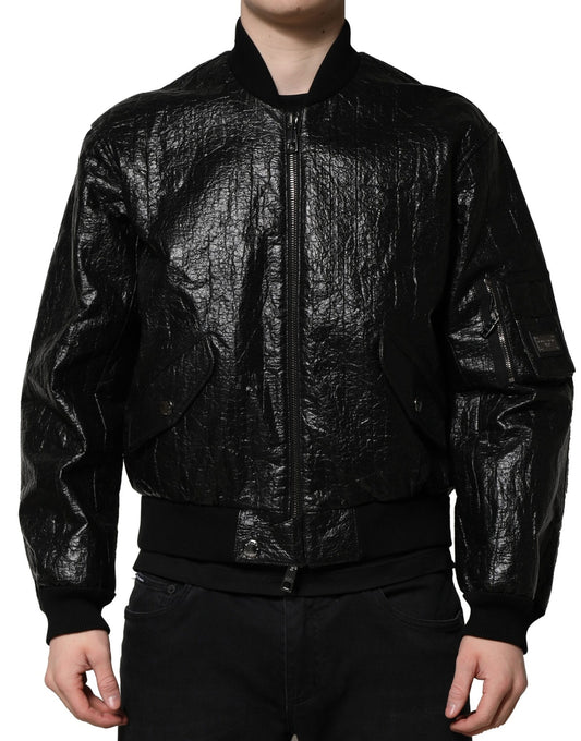 Dolce &amp; Gabbana Black Logo Plaque Bomber Full Zipper Jacket