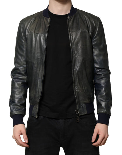 Dolce &amp; Gabbana Black Lambskin Leather Biker Full Zip Jacket