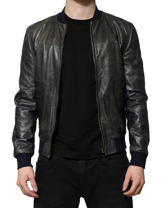 Dolce &amp; Gabbana Black Lambskin Leather Biker Full Zip Jacket