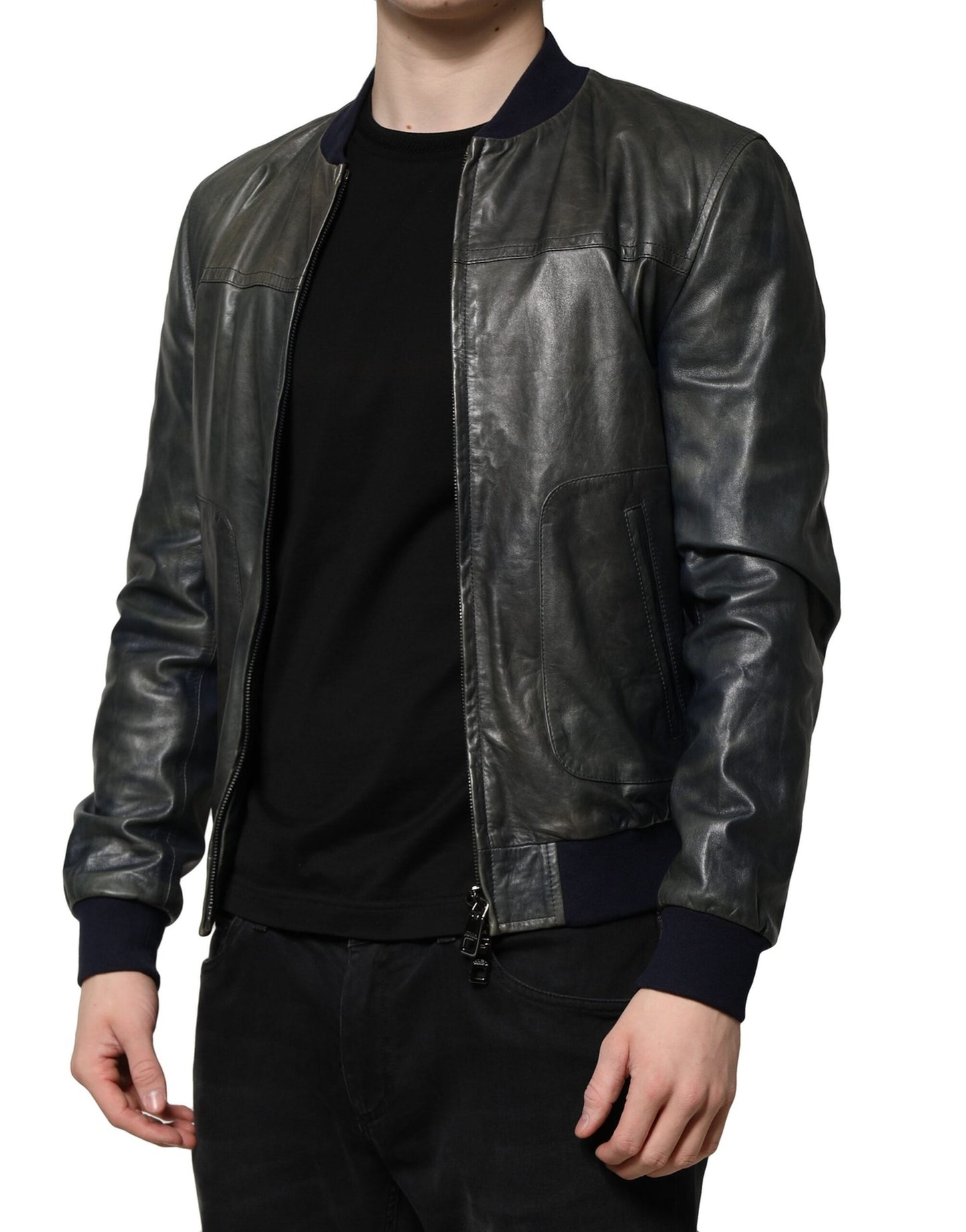 Dolce &amp; Gabbana Black Lambskin Leather Biker Full Zip Jacket